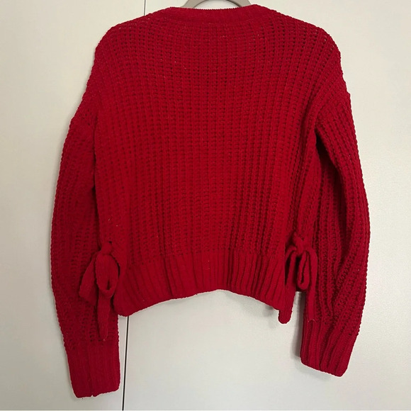 Juniors’ Candie’s Long Sleeve Hi-Lo Pullover Cropped Bow Sweater Red size XS - Picture 3 of 11
